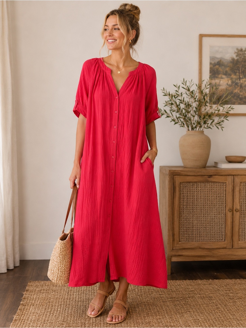Chico’s Coral Pink Gauze Maxi Dress Size 3 US 16 Button Front Boho Resort